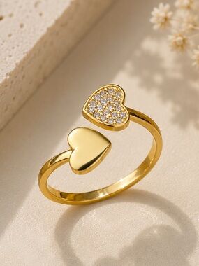 Gold Plated Open Heart Ring | 304 Stainless Steel PVD Waterproof Adjustable Ring